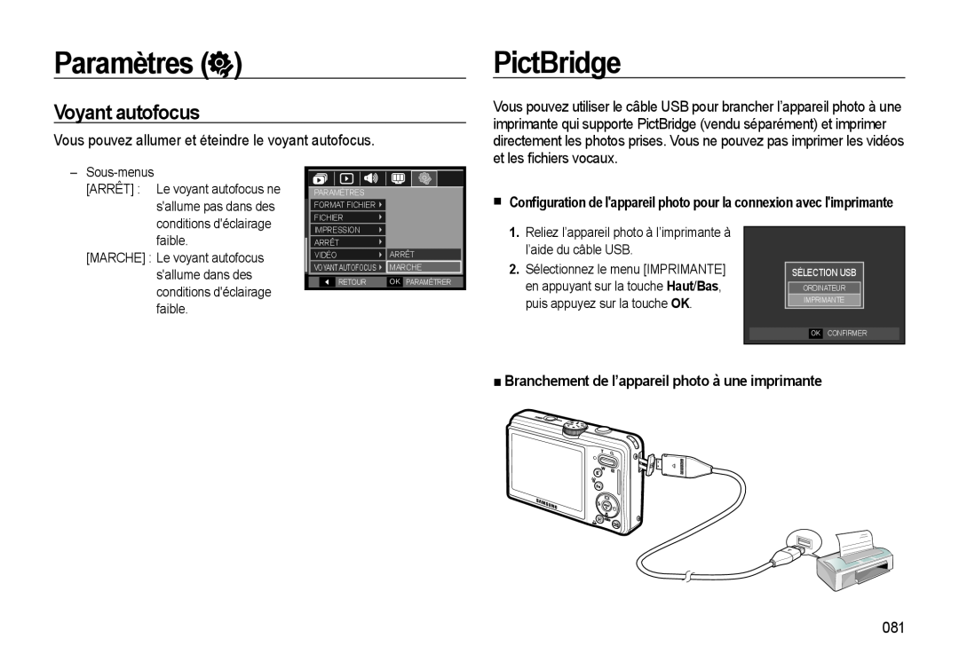 Samsung EC-M310WABA/FR manual PictBridge, Voyant autofocus, Vous pouvez allumer et éteindre le voyant autofocus, Paramètres 