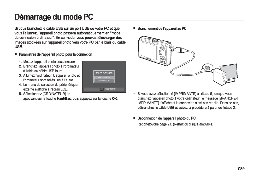 Samsung EC-M310WNBA/FR Démarrage du mode PC, Paramètres de l’appareil photo pour la connexion, Sélection Usb, Ordinateur 