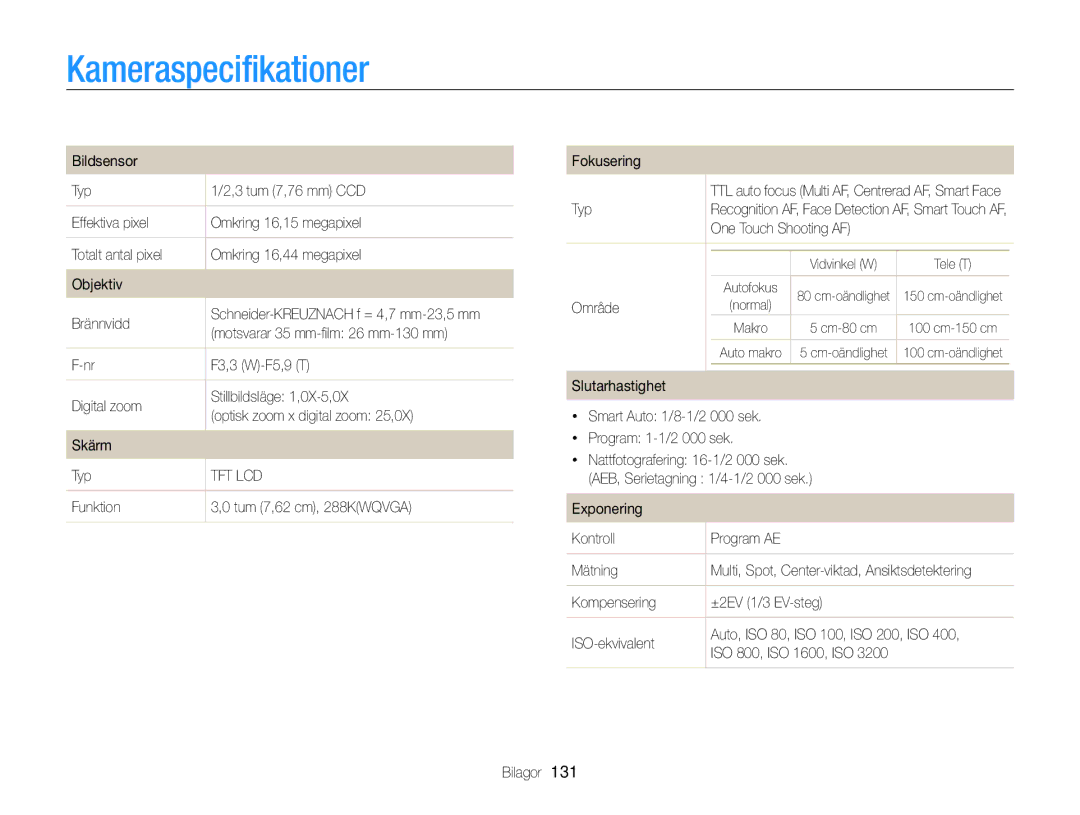 Samsung EC-MV800ZBPBE2 manual Kameraspecifikationer 