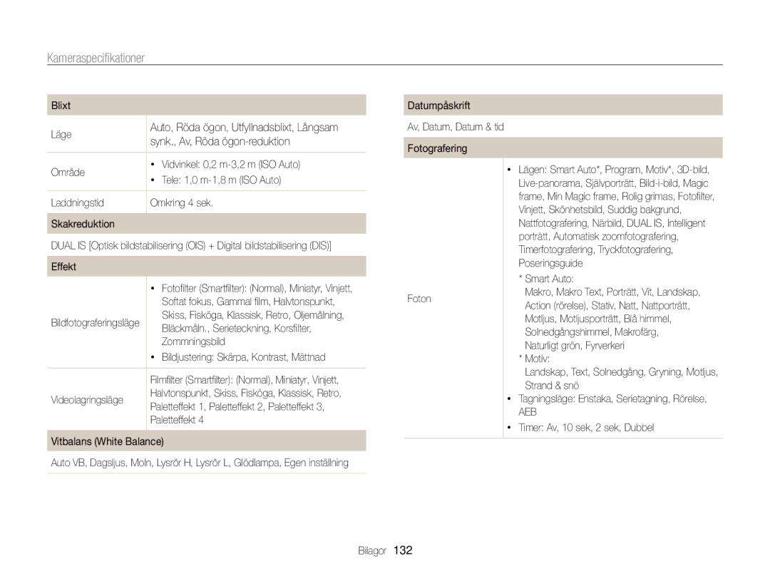 Samsung EC-MV800ZBPBE2 manual Kameraspecifikationer 