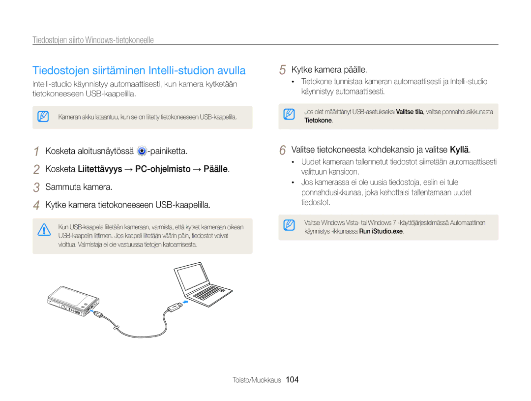 Samsung EC-MV800ZBPBE2 manual Tiedostojen siirtäminen Intelli-studion avulla, Tiedostojen siirto Windows-tietokoneelle 