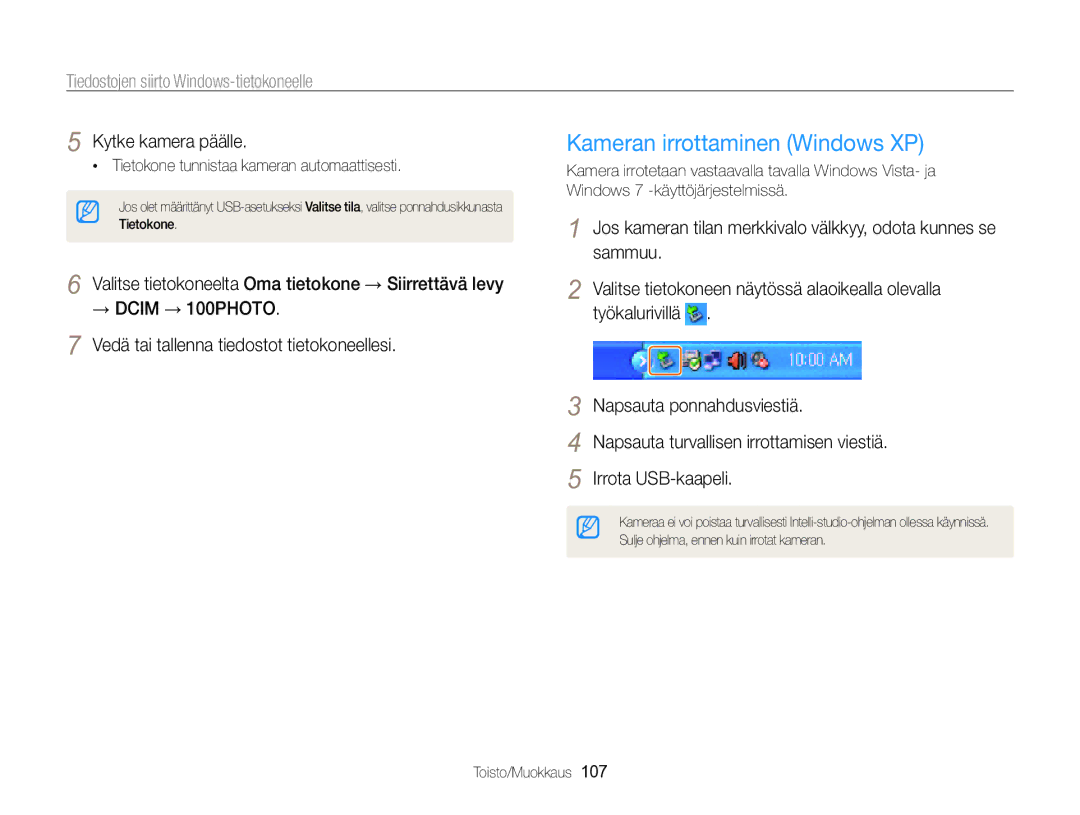 Samsung EC-MV800ZBPBE2 manual Kameran irrottaminen Windows XP, Kytke kamera päälle 