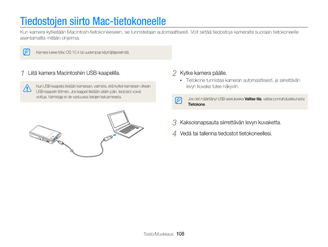 Samsung EC-MV800ZBPBE2 manual Tiedostojen siirto Mac-tietokoneelle, Liitä kamera Macintoshiin USB-kaapelilla 