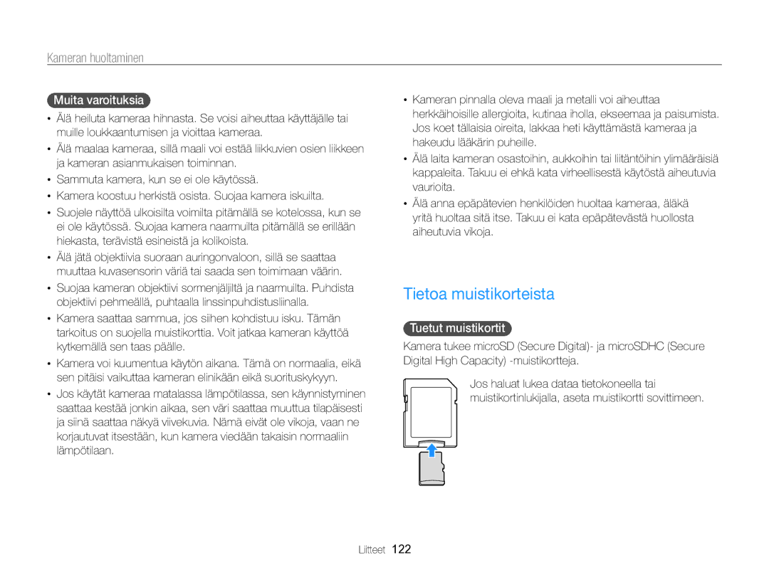 Samsung EC-MV800ZBPBE2 manual Tietoa muistikorteista, Muita varoituksia , Tuetut muistikortit  