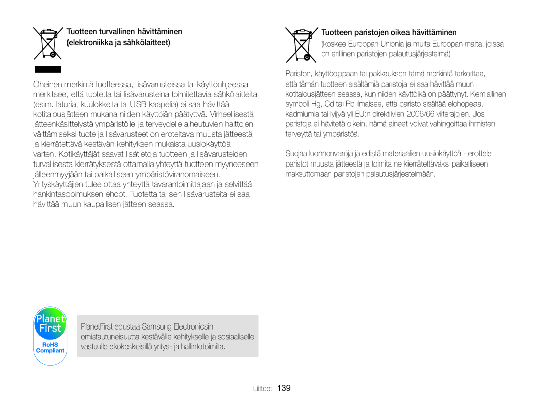 Samsung EC-MV800ZBPBE2 manual Tuotteen paristojen oikea hävittäminen 