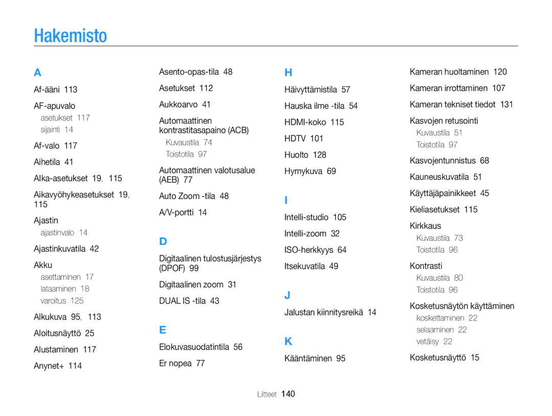 Samsung EC-MV800ZBPBE2 manual Hakemisto 