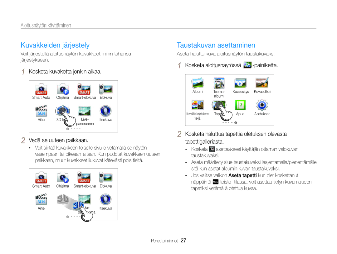 Samsung EC-MV800ZBPBE2 manual Kuvakkeiden järjestely, Taustakuvan asettaminen, Kosketa kuvaketta jonkin aikaa 