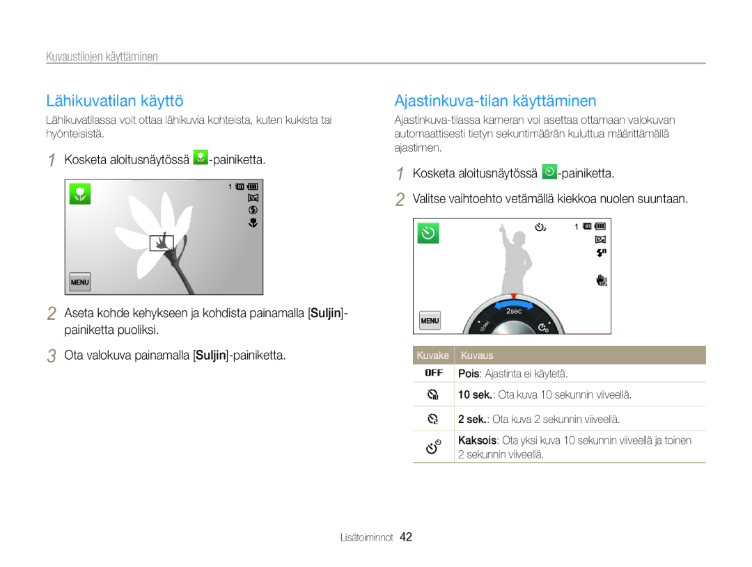 Samsung EC-MV800ZBPBE2 manual Lähikuvatilan käyttö, Ajastinkuva-tilan käyttäminen 