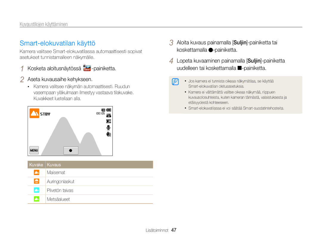 Samsung EC-MV800ZBPBE2 manual Smart-elokuvatilan käyttö, Kosketa aloitusnäytössä 