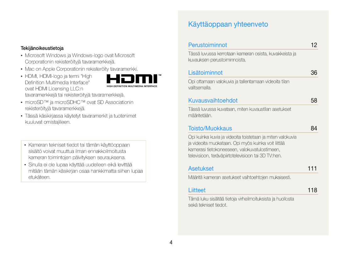 Samsung EC-MV800ZBPBE2 manual Käyttäoppaan yhteenveto, 111, 118 