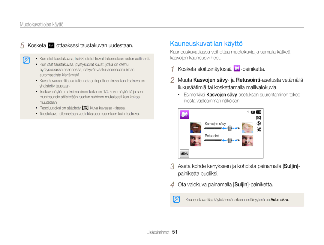 Samsung EC-MV800ZBPBE2 manual Kauneuskuvatilan käyttö, Kosketa ottaaksesi taustakuvan uudestaan 