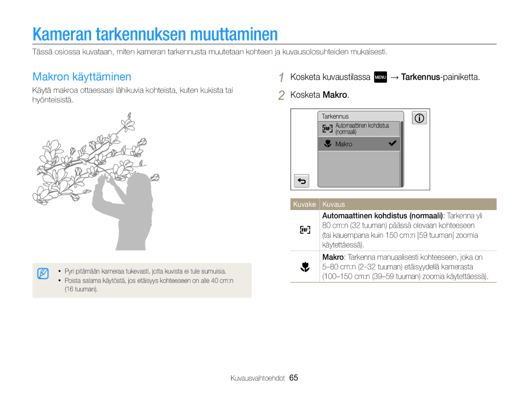 Samsung EC-MV800ZBPBE2 manual Kameran tarkennuksen muuttaminen, Makron käyttäminen 