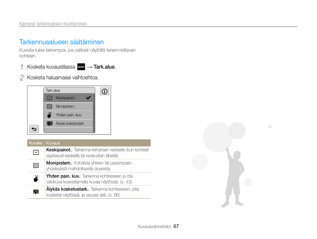 Samsung EC-MV800ZBPBE2 manual Tarkennusalueen säätäminen 