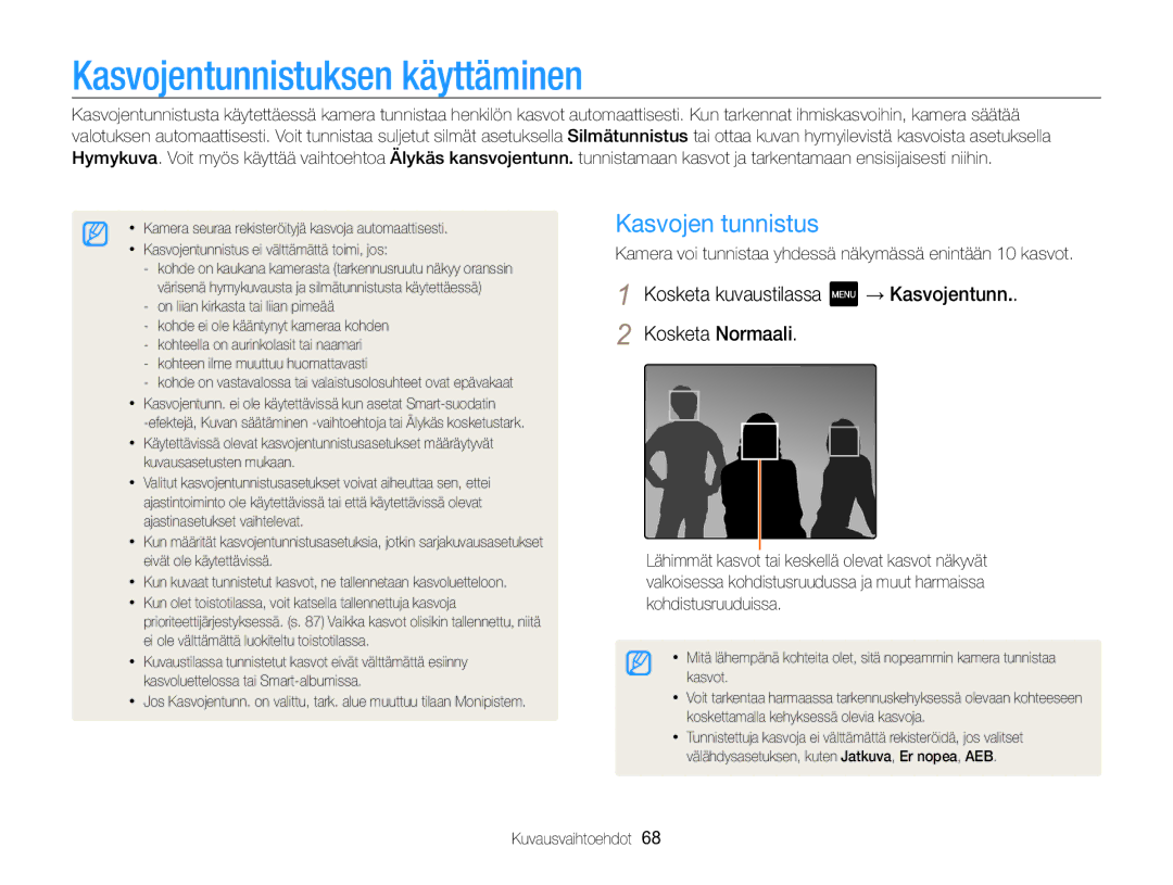 Samsung EC-MV800ZBPBE2 manual Kasvojentunnistuksen käyttäminen, Kasvojen tunnistus 