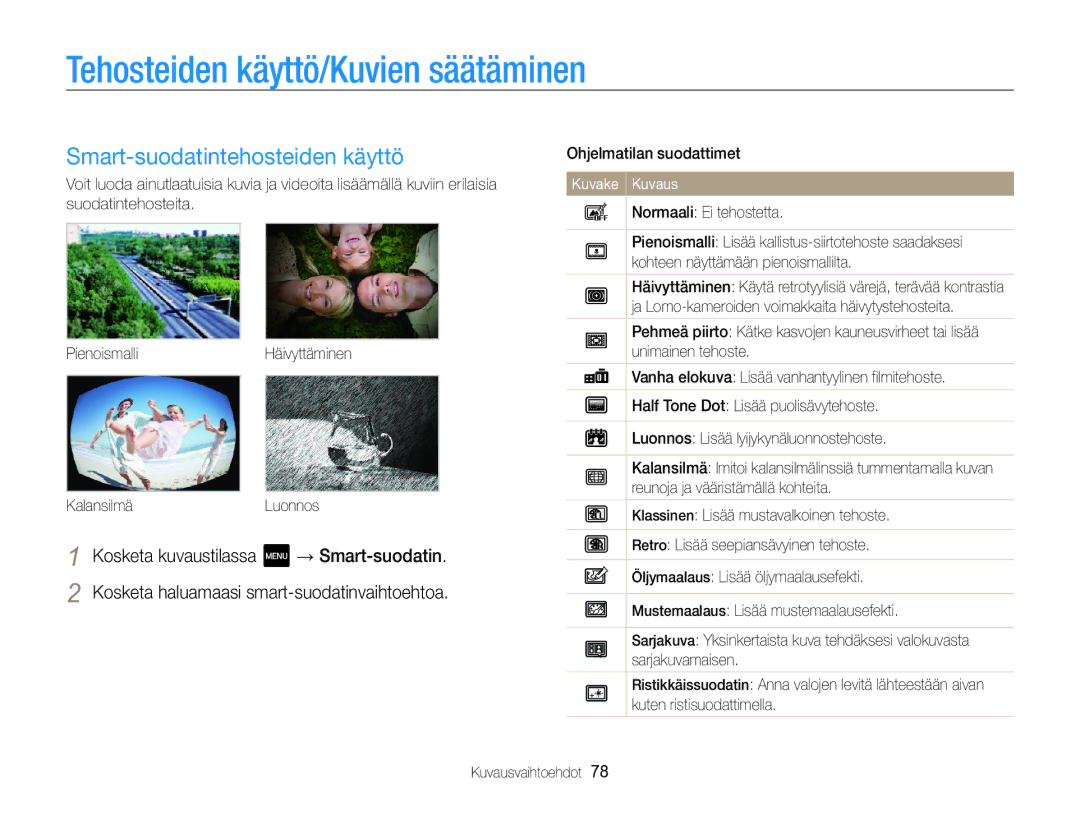 Samsung EC-MV800ZBPBE2 Tehosteiden käyttö/Kuvien säätäminen, Smart-suodatintehosteiden käyttö, Ohjelmatilan suodattimet 