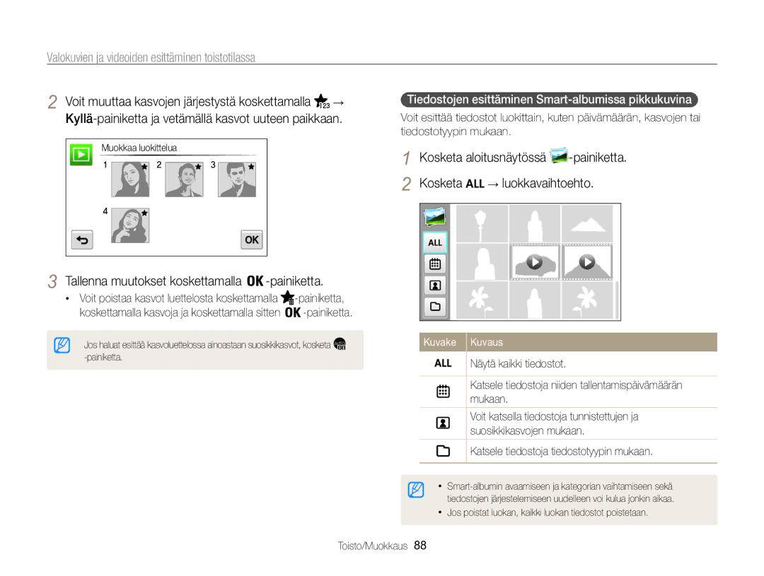 Samsung EC-MV800ZBPBE2 manual Voit muuttaa kasvojen järjestystä koskettamalla, Tiedostotyypin mukaan 