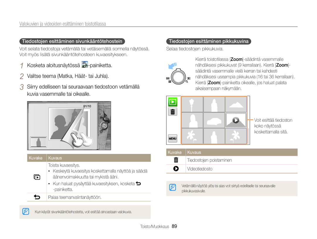 Samsung EC-MV800ZBPBE2 manual Tiedostojen esittäminen sivunkääntötehostein , Toista kuvaesitys 