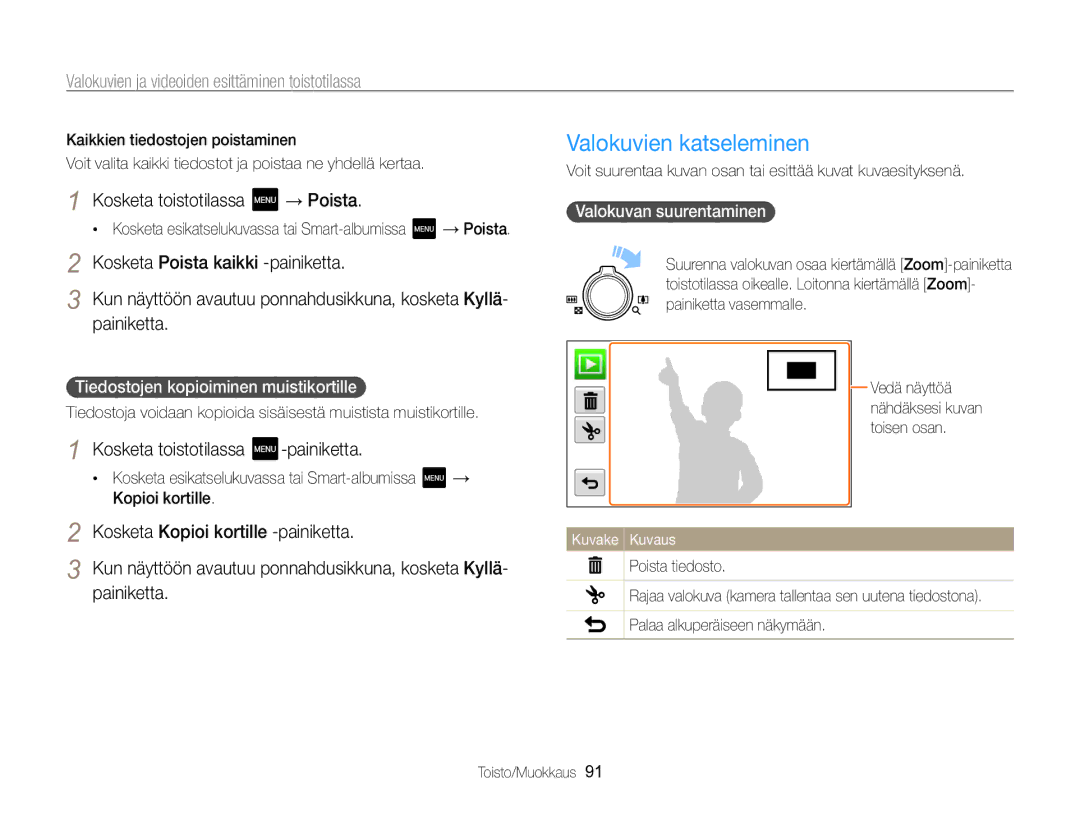 Samsung EC-MV800ZBPBE2 manual Valokuvien katseleminen, Kosketa toistotilassa → Poista, Kosketa Poista kaikki -painiketta 