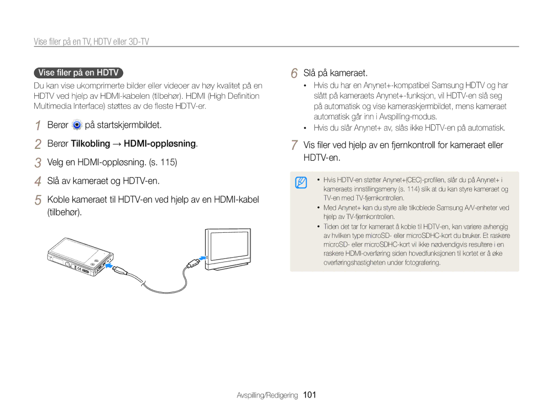 Samsung EC-MV800ZBPBE2 manual Vise filer på en TV, Hdtv eller 3D-TV, Berør Tilkobling → HDMI-oppløsning, Tilbehør 