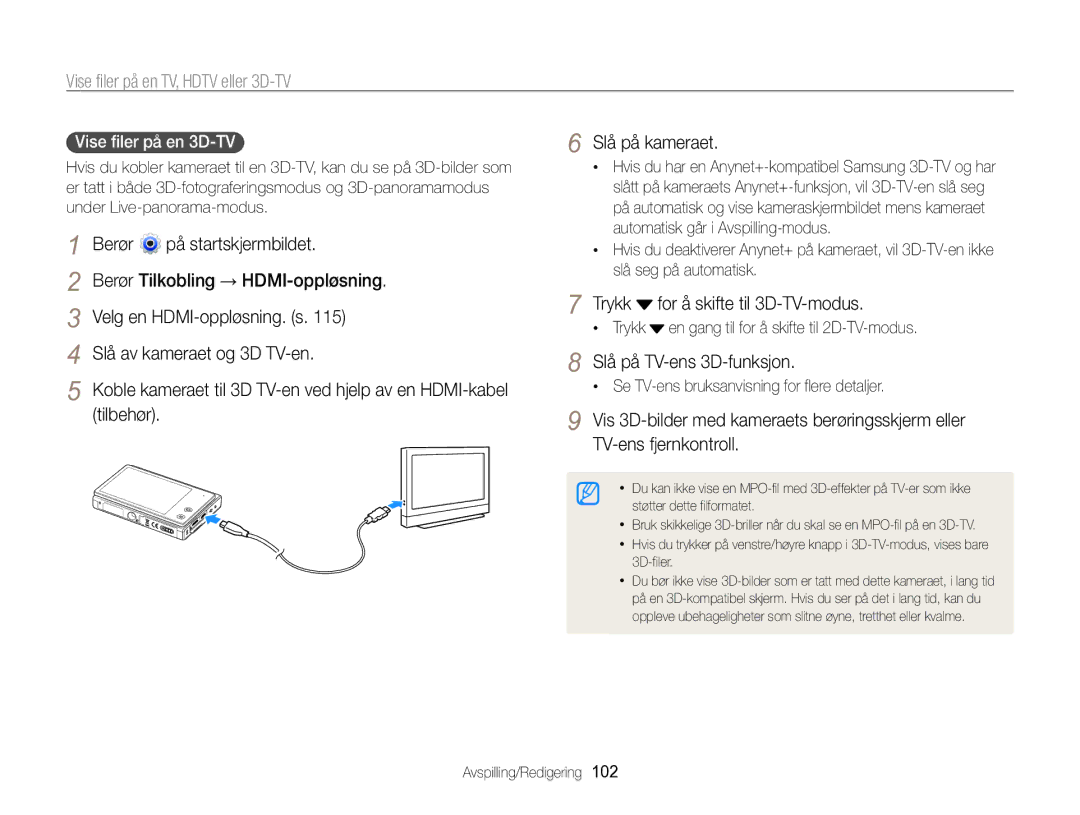 Samsung EC-MV800ZBPBE2 manual Trykk Slå på TV-ens 3D-funksjon, Vise filer på en 3D-TV , Tilbehør 