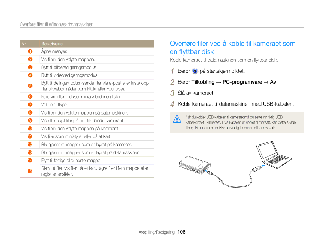 Samsung EC-MV800ZBPBE2 manual Overføre filer ved å koble til kameraet som en flyttbar disk 