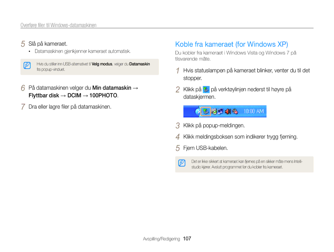 Samsung EC-MV800ZBPBE2 manual Koble fra kameraet for Windows XP, Dataskjermen, Klikk på popup-meldingen, Fjern USB-kabelen 