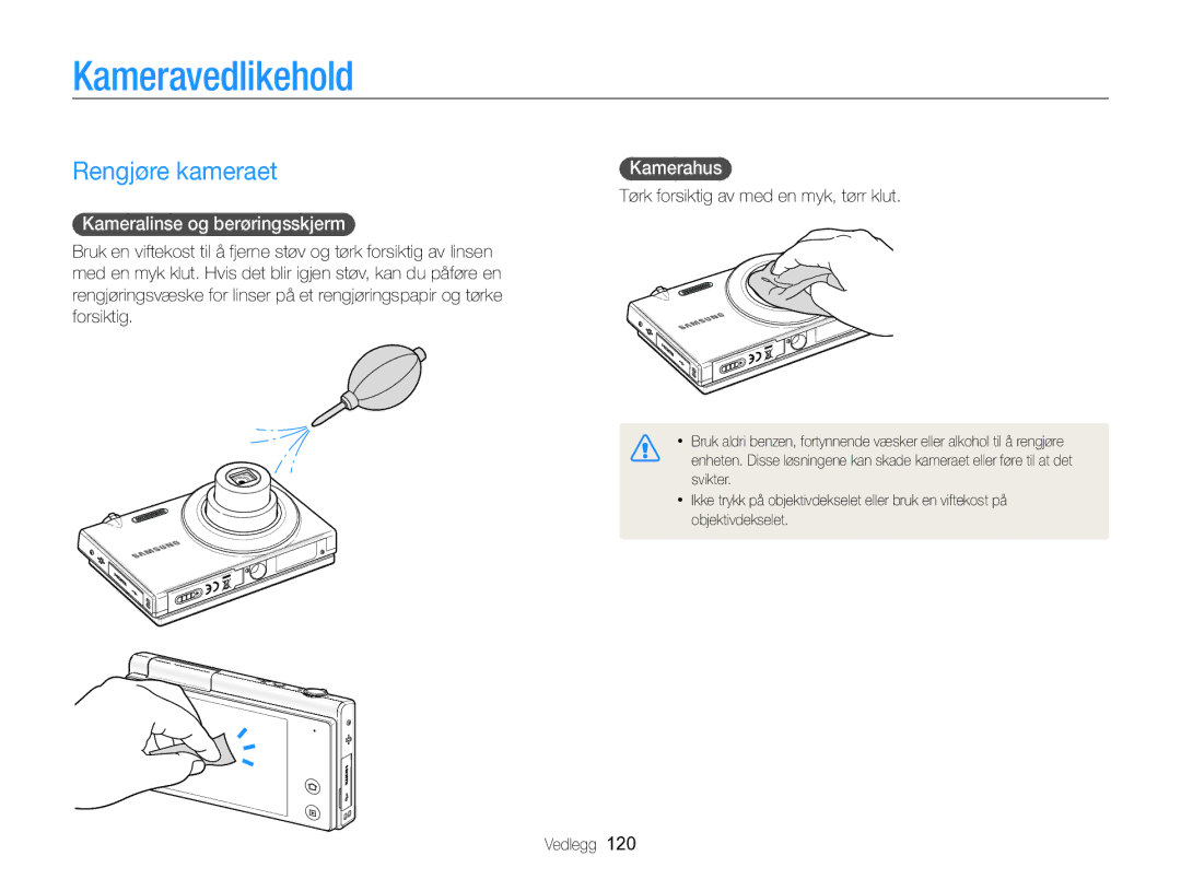 Samsung EC-MV800ZBPBE2 manual Kameravedlikehold, Rengjøre kameraet, Kameralinse og berøringsskjerm , Kamerahus  