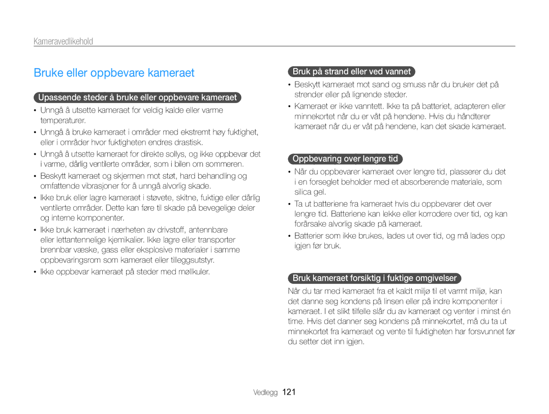 Samsung EC-MV800ZBPBE2 manual Bruke eller oppbevare kameraet, Kameravedlikehold 