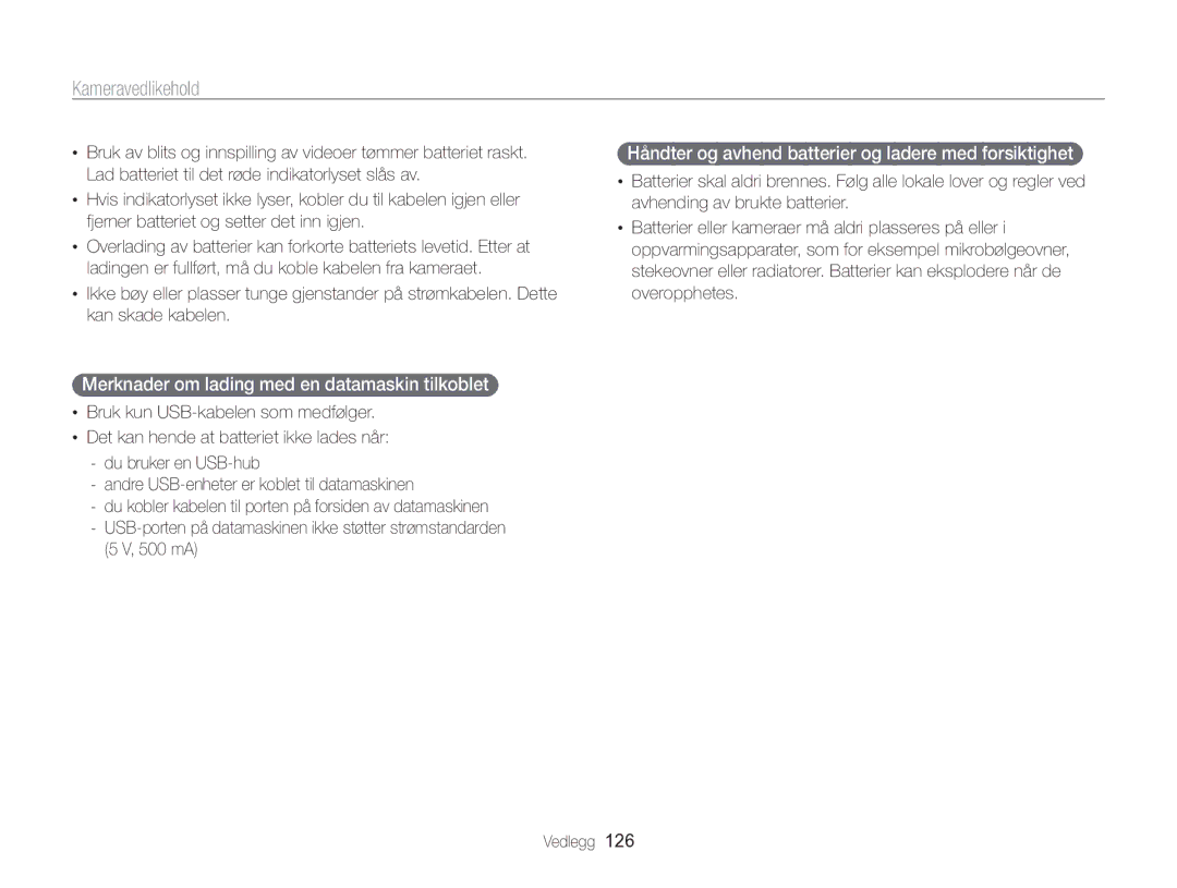 Samsung EC-MV800ZBPBE2 manual Merknader om lading med en datamaskin tilkoblet , 500 mA 