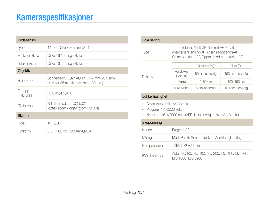 Samsung EC-MV800ZBPBE2 manual Kameraspesifikasjoner 