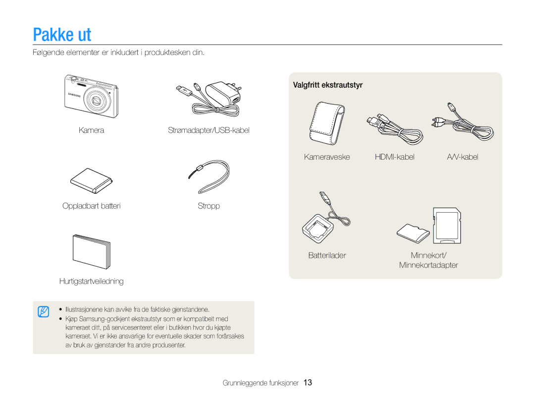 Samsung EC-MV800ZBPBE2 manual Pakke ut, Grunnleggende funksjoner 