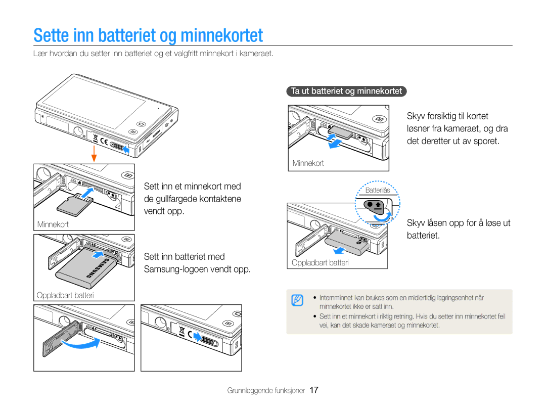 Samsung EC-MV800ZBPBE2 Sette inn batteriet og minnekortet, Vendt opp, Sett inn batteriet med Samsung-logoen vendt opp 