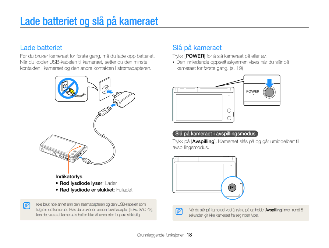 Samsung EC-MV800ZBPBE2 manual Lade batteriet og slå på kameraet, Slå på kameraet i avspillingsmodus  