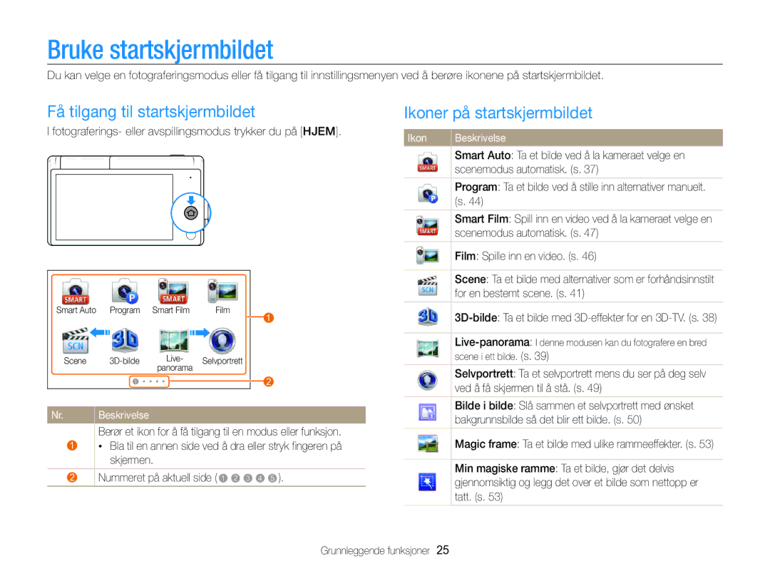 Samsung EC-MV800ZBPBE2 manual Bruke startskjermbildet, Få tilgang til startskjermbildet, Ikoner på startskjermbildet 