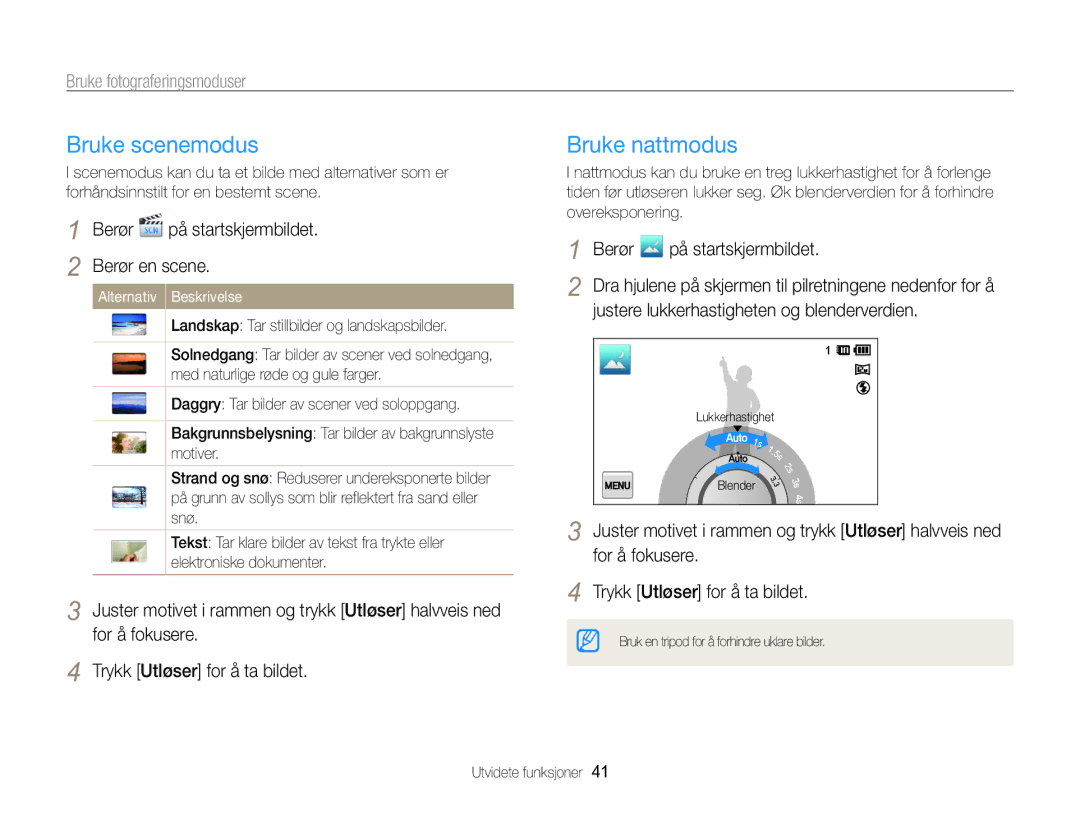 Samsung EC-MV800ZBPBE2 manual Bruke scenemodus, Bruke nattmodus, Berør på startskjermbildet Berør en scene 