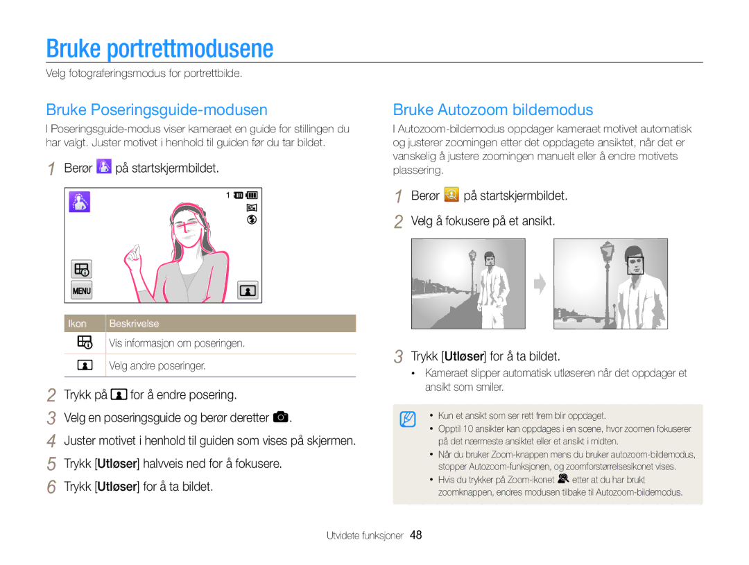 Samsung EC-MV800ZBPBE2 manual Bruke portrettmodusene, Bruke Poseringsguide-modusen, Bruke Autozoom bildemodus 