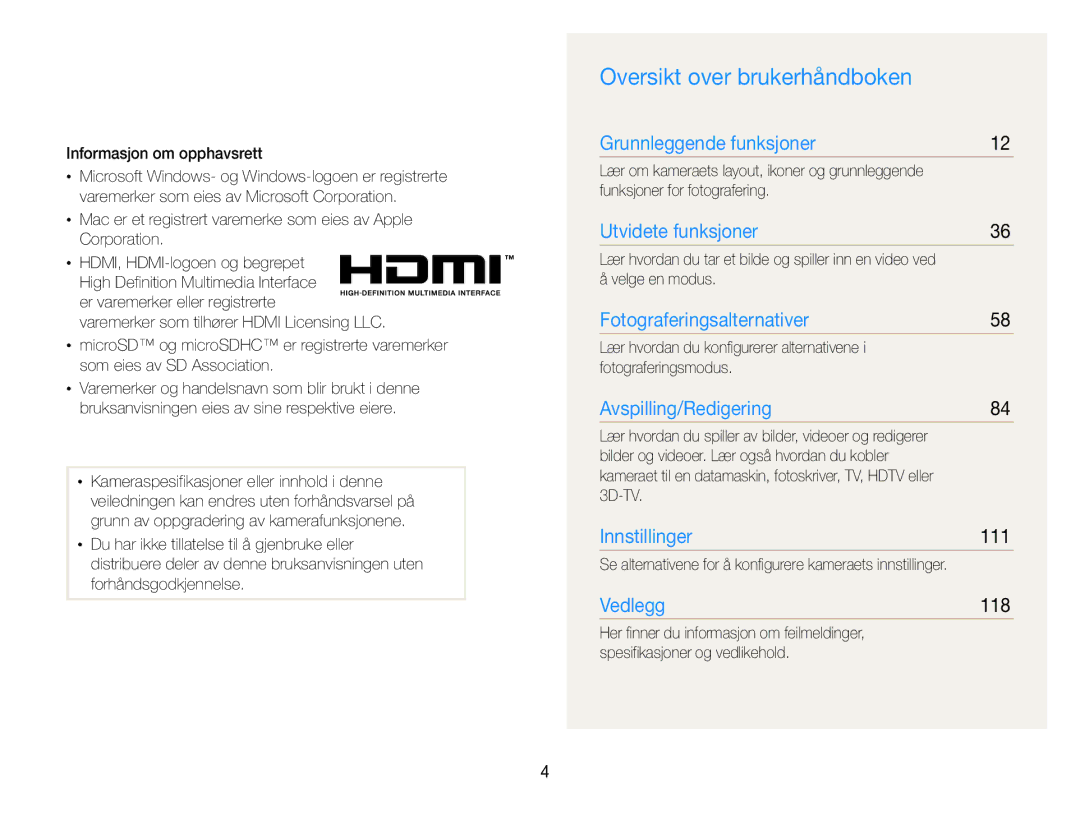 Samsung EC-MV800ZBPBE2 manual Oversikt over brukerhåndboken, 111, 118 