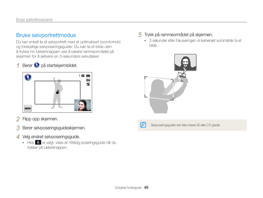 Samsung EC-MV800ZBPBE2 manual Bruke selvportrettmodus, Bruke portrettmodusene, Trykk på rammeområdet på skjermen 