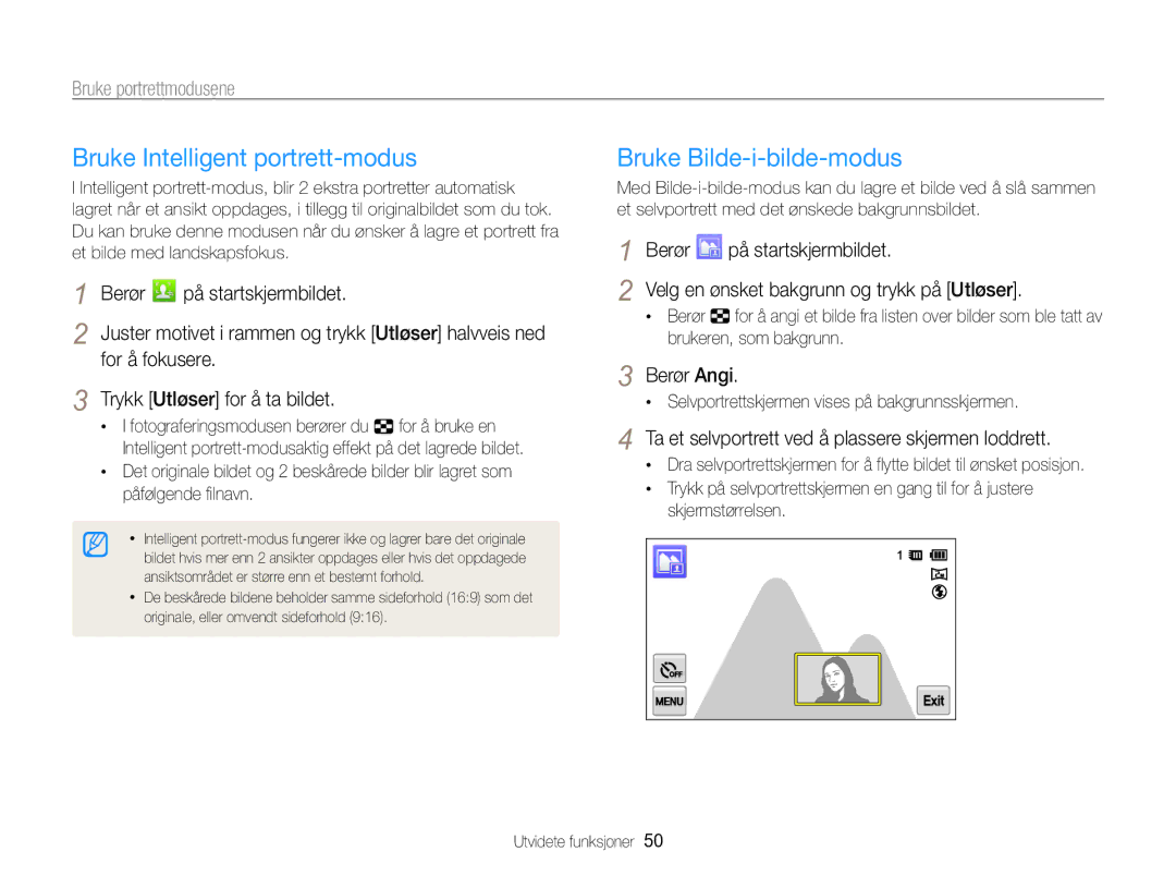 Samsung EC-MV800ZBPBE2 manual Bruke Intelligent portrett-modus, Bruke Bilde-i-bilde-modus, Berør Angi 