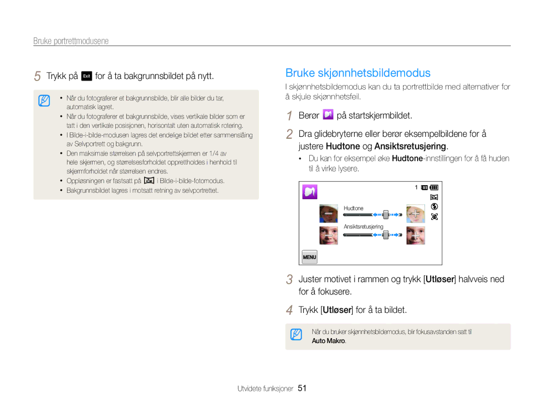 Samsung EC-MV800ZBPBE2 manual Bruke skjønnhetsbildemodus, Trykk på for å ta bakgrunnsbildet på nytt 