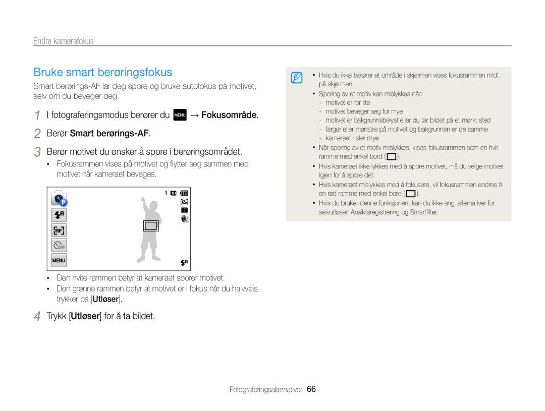 Samsung EC-MV800ZBPBE2 manual Bruke smart berøringsfokus, Endre kamerafokus 