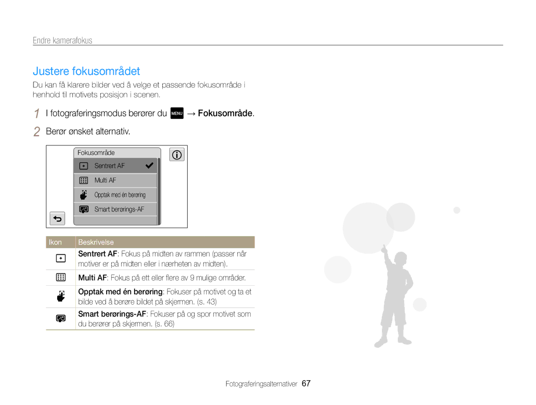 Samsung EC-MV800ZBPBE2 manual Justere fokusområdet, Multi AF Fokus på ett eller flere av 9 mulige områder 