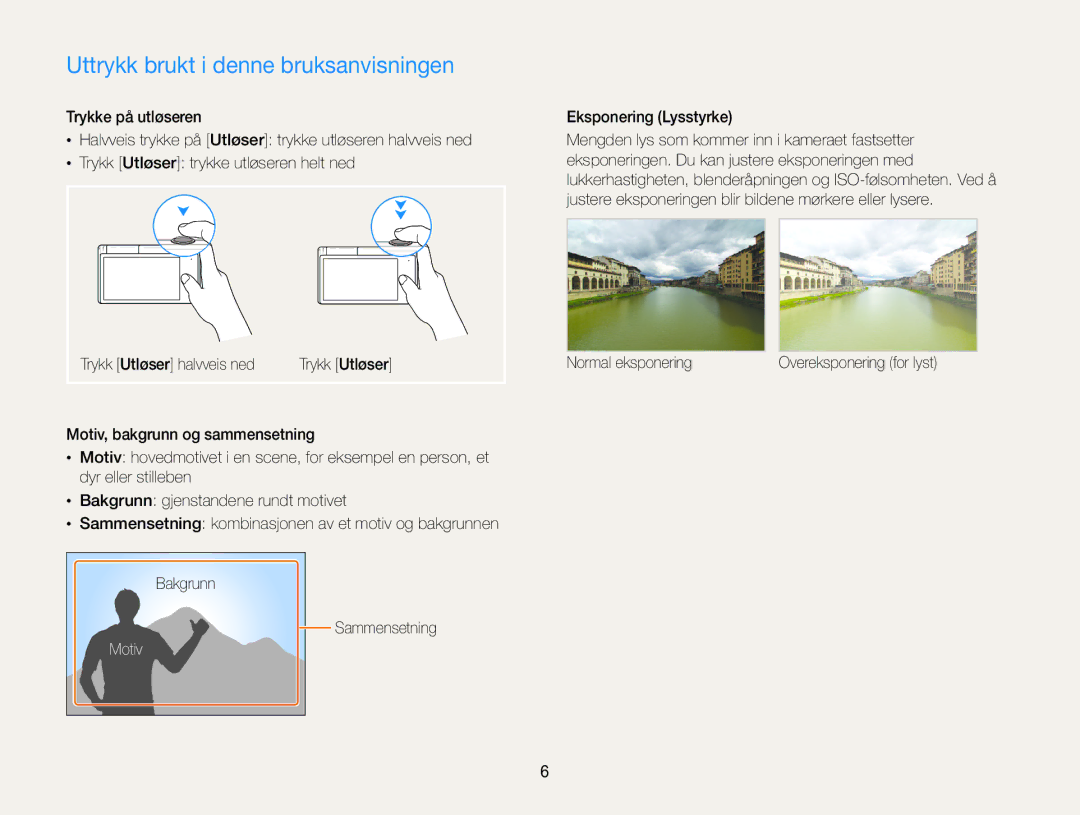 Samsung EC-MV800ZBPBE2 manual Uttrykk brukt i denne bruksanvisningen, Motiv, Eksponering Lysstyrke 