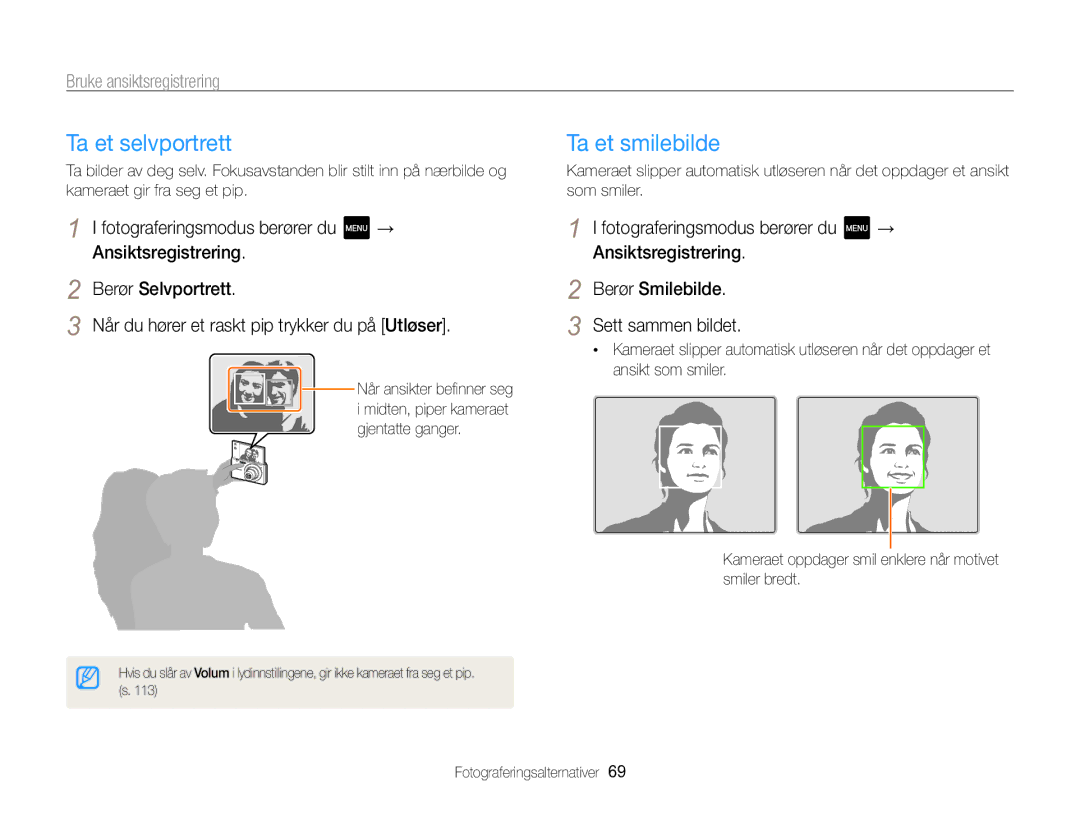 Samsung EC-MV800ZBPBE2 manual Ta et selvportrett, Ta et smilebilde, Bruke ansiktsregistrering 