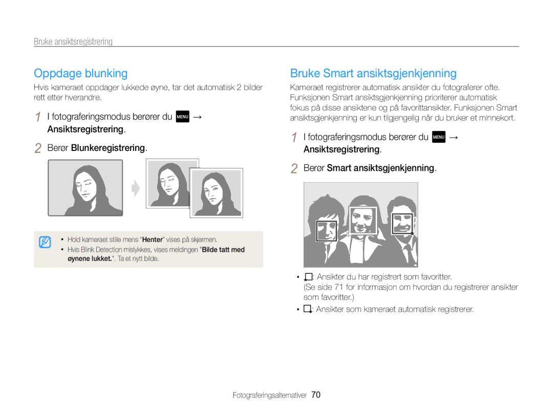 Samsung EC-MV800ZBPBE2 manual Oppdage blunking, Bruke Smart ansiktsgjenkjenning 