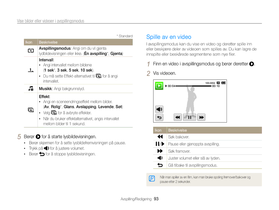 Samsung EC-MV800ZBPBE2 manual Spille av en video, Avspillingsmodus Angi om du vil gjenta, Søk bakover 