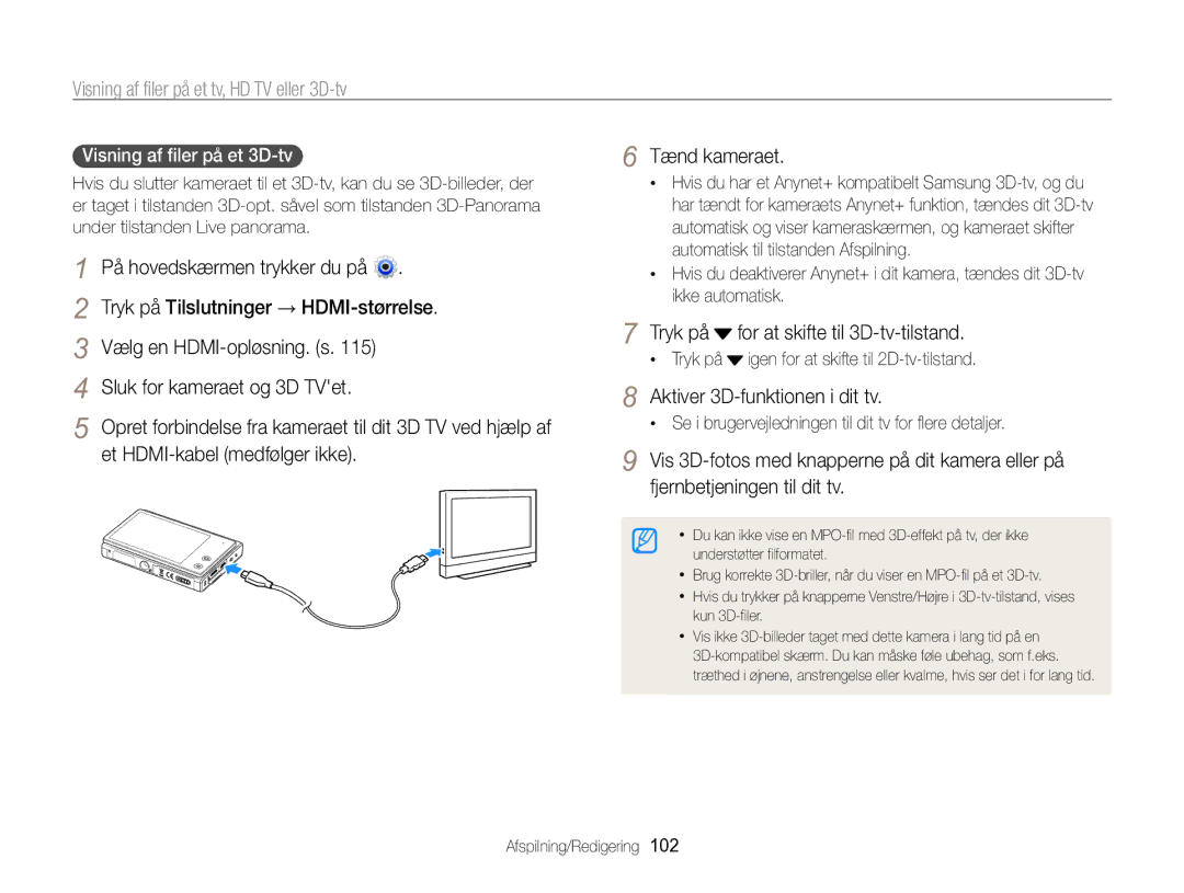 Samsung EC-MV800ZBPBE2 manual Sluk for kameraet og 3D TVet, Aktiver 3D-funktionen i dit tv, Visning af filer på et 3D-tv  