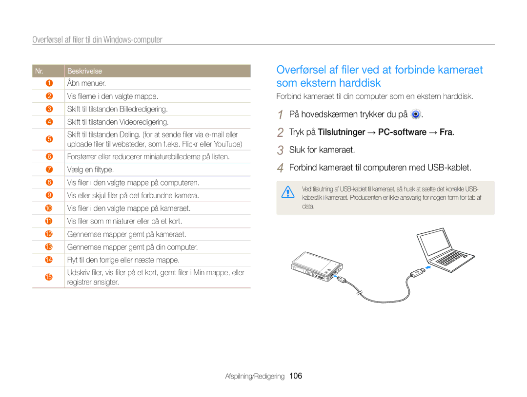 Samsung EC-MV800ZBPBE2 manual Tryk på Tilslutninger → PC-software → Fra 