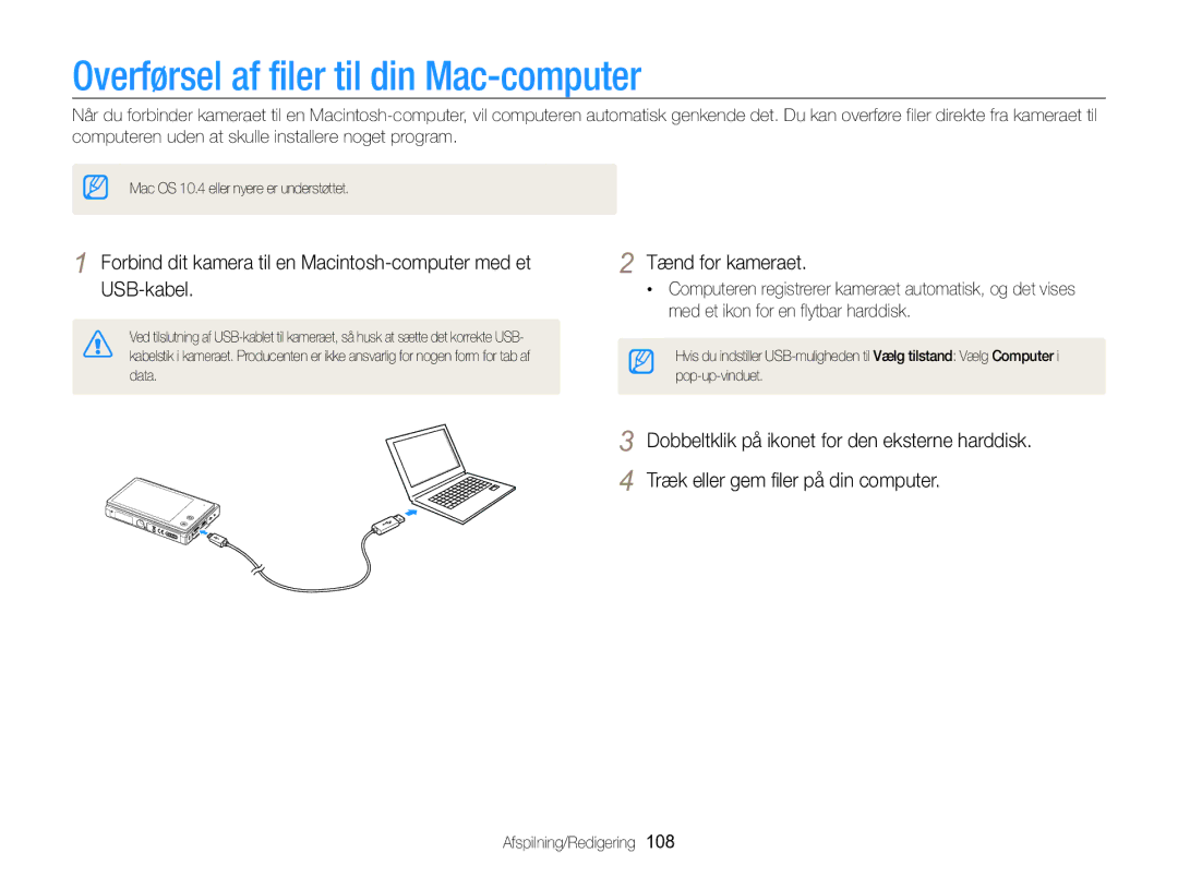 Samsung EC-MV800ZBPBE2 manual Overførsel af filer til din Mac-computer 