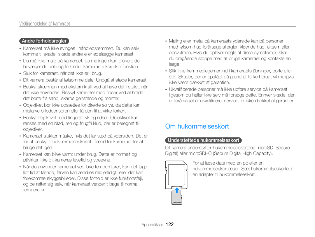 Samsung EC-MV800ZBPBE2 manual Om hukommelseskort, Andre forholdsregler , Understøttede hukommelseskort  